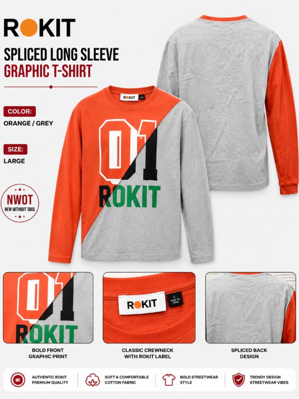 NWOT ROKIT Spliced Long Sleeve Graphic T-Shirt Orange Grey Size L